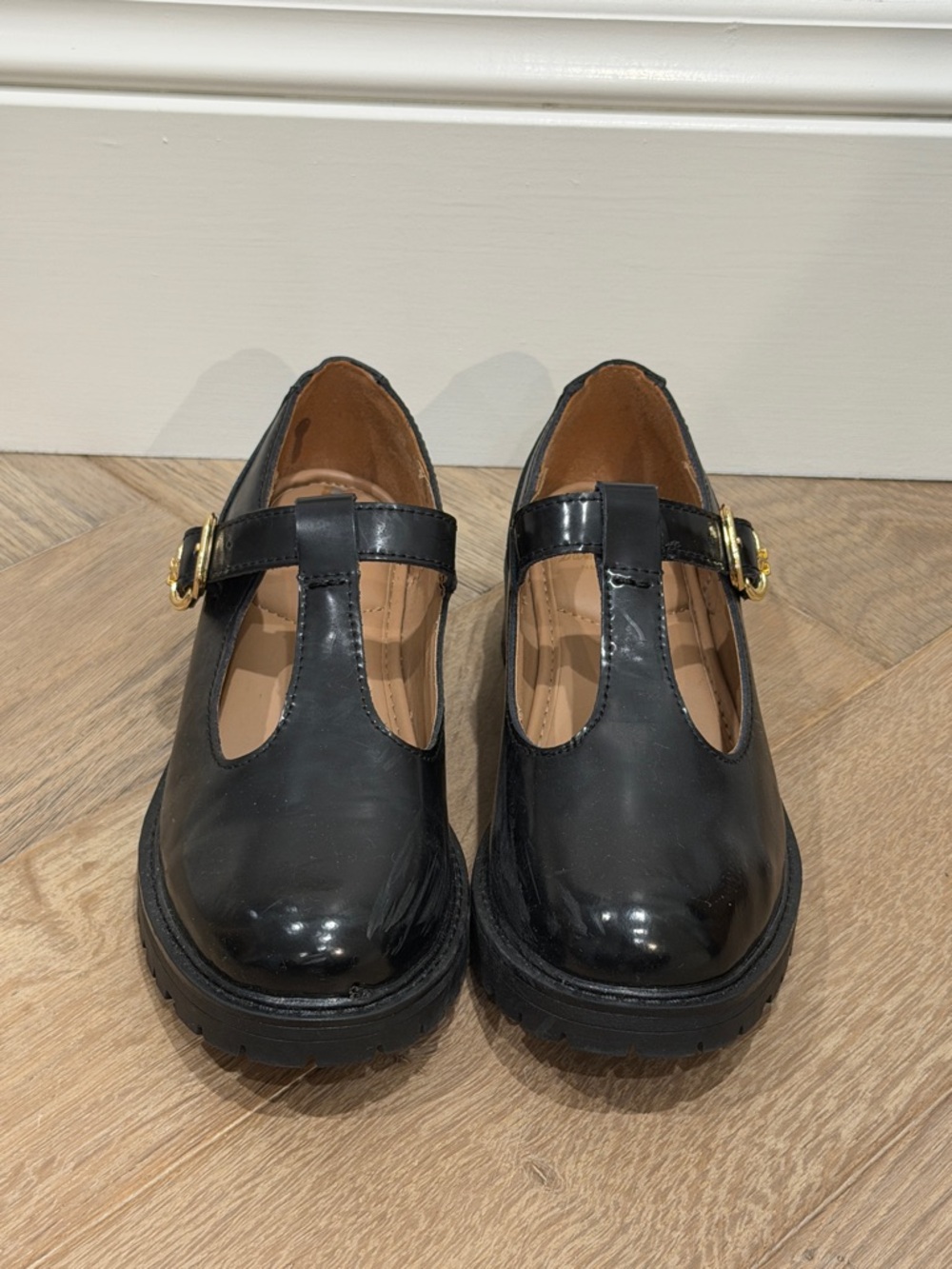 Sam Edelman Black Leather T-Strap Mary Jane Shoes with Gold Buckle